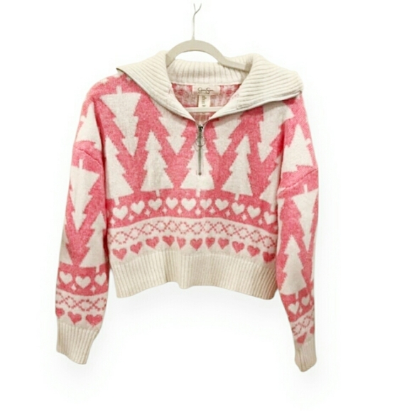 Jessica Simpson Sweaters - Jessica Simpson Winter Fuzzy Pink Christmas Tree Heart Cropped Half Zip Sweater